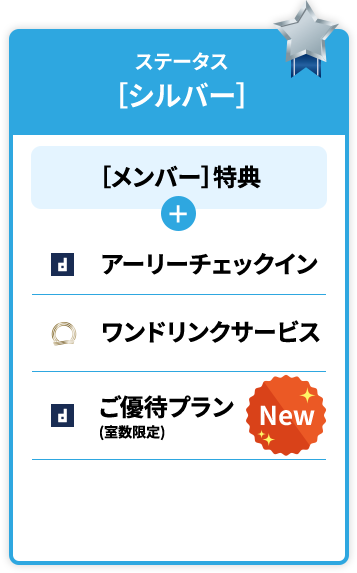 ステータス特典［シルバー］［メンバー］特典アーリーチェックインdormy innのみ利用可能 ワンドリンクサービス共立リゾートのみ利用可能※対象外施設については、「館内利用券」にてご案内※詳しくは特典の詳細でご確認ください。