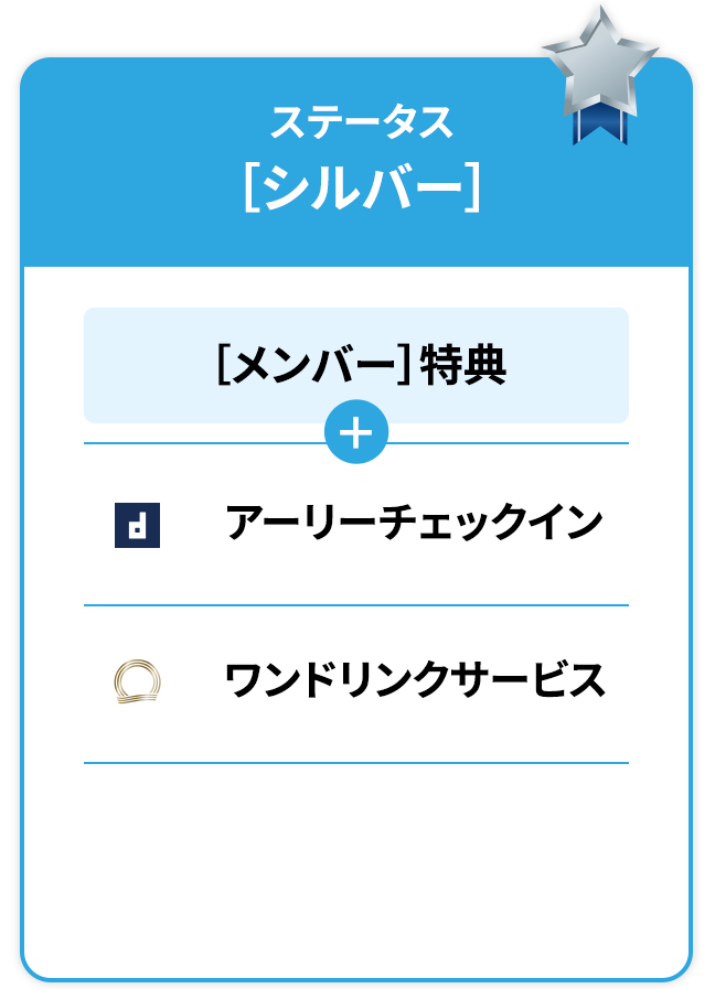 ステータス特典［シルバー］［メンバー］特典アーリーチェックインdormy innのみ利用可能 ワンドリンクサービス共立リゾートのみ利用可能※対象外施設については、「館内利用券」にてご案内※詳しくは特典の詳細でご確認ください。
