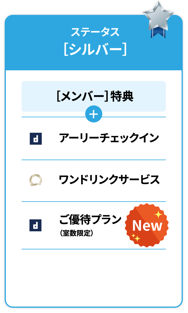 ステータス特典［シルバー］［メンバー］特典アーリーチェックインdormy innのみ利用可能 ワンドリンクサービス共立リゾートのみ利用可能※対象外施設については、「館内利用券」にてご案内※詳しくは特典の詳細でご確認ください。